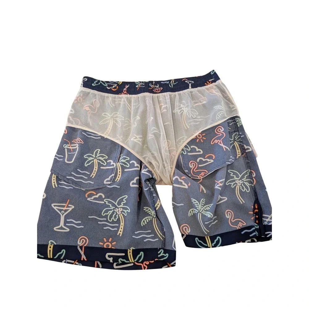 Chubbies Swim Trunks Mens M Navy‎ Neon Flamingo Palm Tree Cocktail Board Shorts